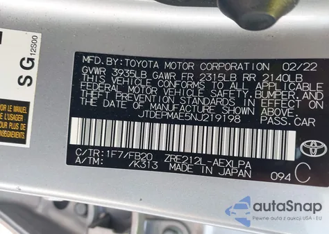 2022 Toyota Corolla Le from USA, damaged, VIN JTDEPMAE5NJ219198